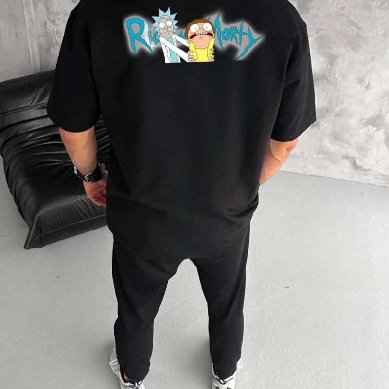 Erkek Kısa Kol Tişört Bisiklet Yaka RİCK AND MORTY Baskılı T-Shirt - Siyah