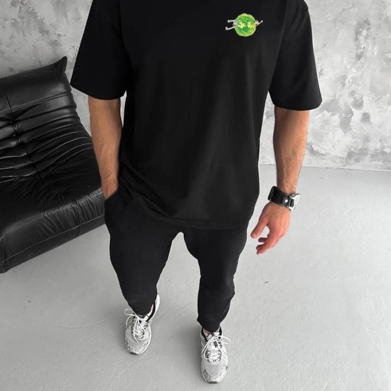 Erkek Kısa Kol Tişört Bisiklet Yaka RİCK AND MORTY Baskılı T-Shirt - Siyah