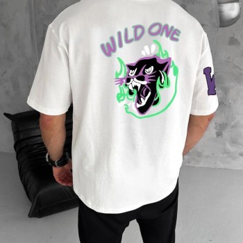 Erkek Kısa Kol Tişört Bisiklet Yaka W Wildone Baskılı T-Shirt - Beyaz