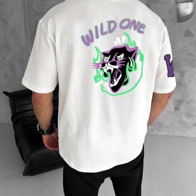 Erkek Kısa Kol Tişört Bisiklet Yaka W Wildone Baskılı T-Shirt - Beyaz