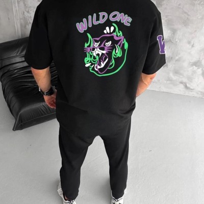 Erkek Kısa Kol Tişört Bisiklet Yaka W Wildone Baskılı T-Shirt - Siyah