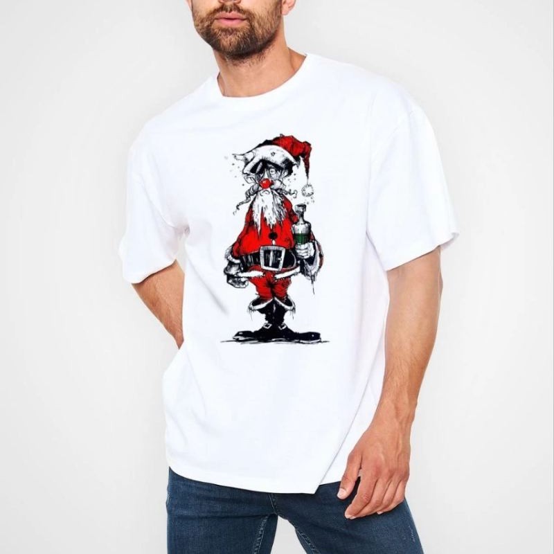 Erkek Kısa Kol Tişört Bisiklet Yaka Yeni Yıl Baskılı T-Shirt - Beyaz