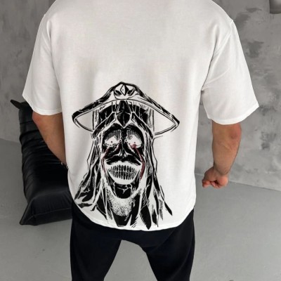 Erkek Kısa Kol Tişört Bisiklet Yaka Yıldırım Baskılı Oversize T-Shirt - Beyaz