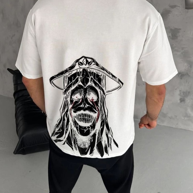 Erkek Kısa Kol Tişört Bisiklet Yaka Yıldırım Baskılı Oversize T-Shirt - Beyaz