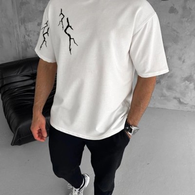 Erkek Kısa Kol Tişört Bisiklet Yaka Yıldırım Baskılı Oversize T-Shirt - Beyaz