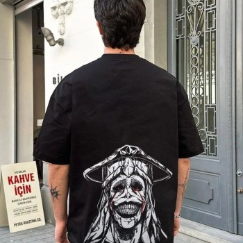 Erkek Kısa Kol Tişört Bisiklet Yaka Yıldırım Baskılı Oversize T-Shirt - Siyah