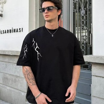 Erkek Kısa Kol Tişört Bisiklet Yaka Yıldırım Baskılı Oversize T-Shirt - Siyah