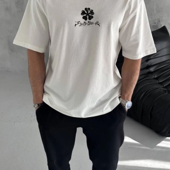 Erkek Kısa Kol Tişört Bisiklet Yaka YONCA Baskılı Oversize T-Shirt -  Beyaz