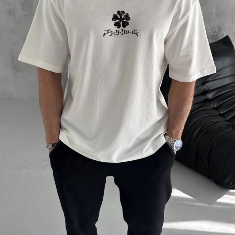 Erkek Kısa Kol Tişört Bisiklet Yaka YONCA Baskılı Oversize T-Shirt -  Beyaz