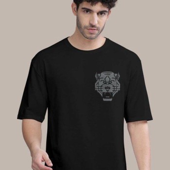 Erkek Kısa Kol Yazlık Tişört Bisiklet Yaka ASLAN Baskılı T-Shirt - Siyah