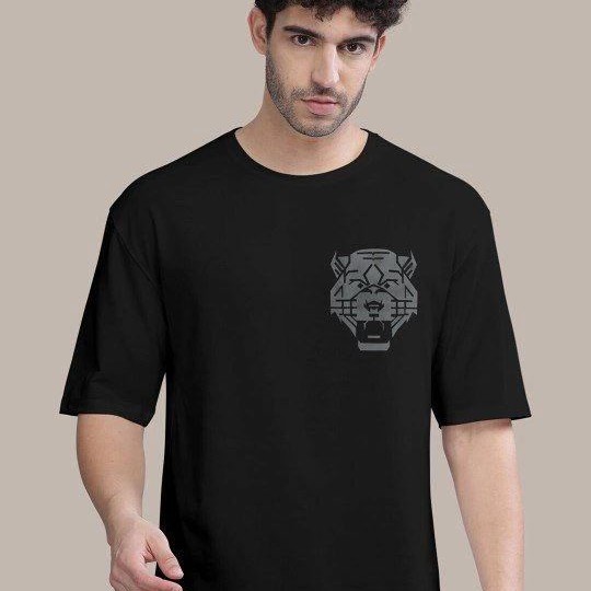 Erkek Kısa Kol Yazlık Tişört Bisiklet Yaka ASLAN Baskılı T-Shirt - Siyah