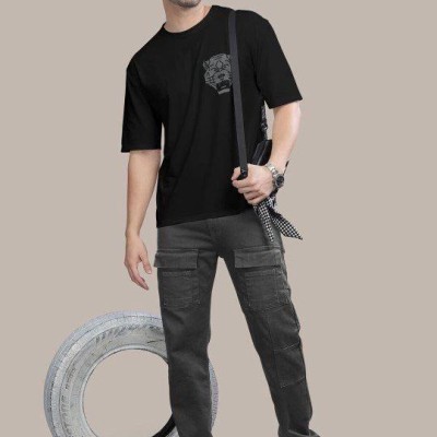 Erkek Kısa Kol Yazlık Tişört Bisiklet Yaka ASLAN Baskılı T-Shirt - Siyah