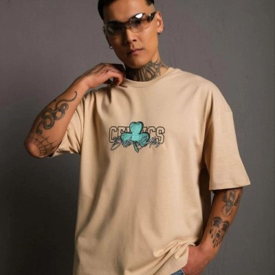Erkek Kısa Kol Yazlık Tişört Bisiklet Yaka Baskılı Oversize T-Shirt - Bej
