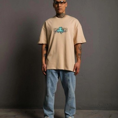 Erkek Kısa Kol Yazlık Tişört Bisiklet Yaka Baskılı Oversize T-Shirt - Bej