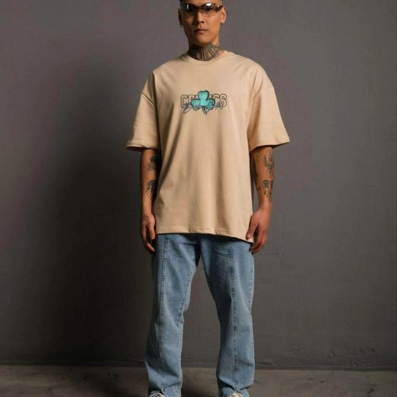 Erkek Kısa Kol Yazlık Tişört Bisiklet Yaka Baskılı Oversize T-Shirt - Bej