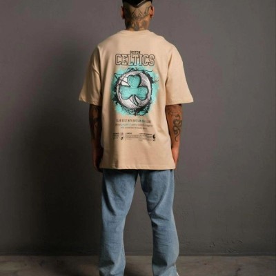 Erkek Kısa Kol Yazlık Tişört Bisiklet Yaka Baskılı Oversize T-Shirt - Bej