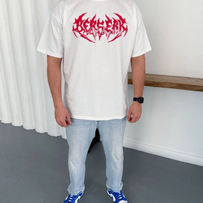 Erkek Kısa Kol Yazlık Tişört Bisiklet Yaka Baskılı Oversize T-Shirt - Beyaz