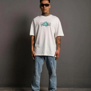 Erkek Kısa Kol Yazlık Tişört Bisiklet Yaka Baskılı Oversize T-Shirt - Beyaz