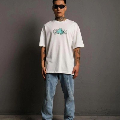 Erkek Kısa Kol Yazlık Tişört Bisiklet Yaka Baskılı Oversize T-Shirt - Beyaz