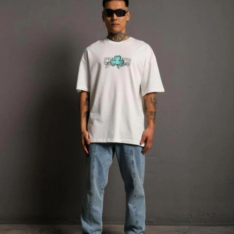 Erkek Kısa Kol Yazlık Tişört Bisiklet Yaka Baskılı Oversize T-Shirt - Beyaz