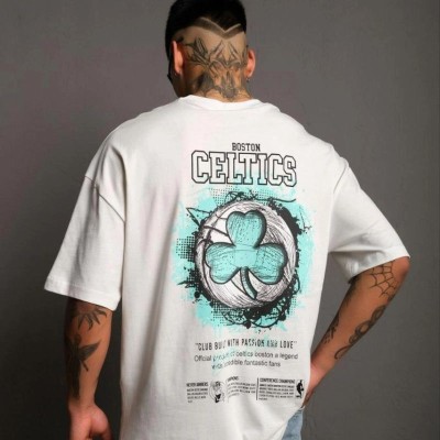 Erkek Kısa Kol Yazlık Tişört Bisiklet Yaka Baskılı Oversize T-Shirt - Beyaz