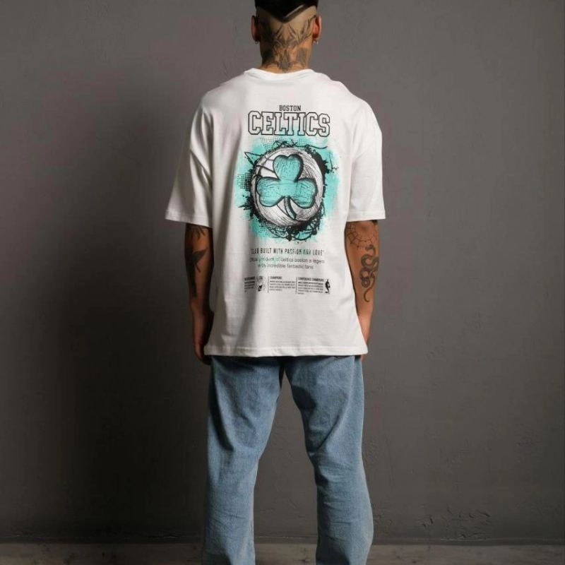 Erkek Kısa Kol Yazlık Tişört Bisiklet Yaka Baskılı Oversize T-Shirt - Beyaz