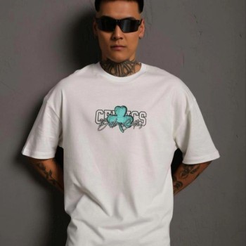 Erkek Kısa Kol Yazlık Tişört Bisiklet Yaka Baskılı Oversize T-Shirt - Beyaz