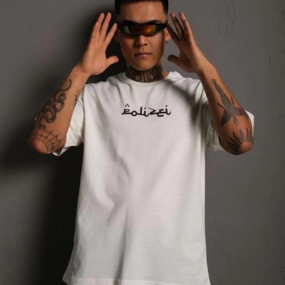Erkek Kısa Kol Yazlık Tişört Bisiklet Yaka Baskılı Oversize T-Shirt - Beyaz