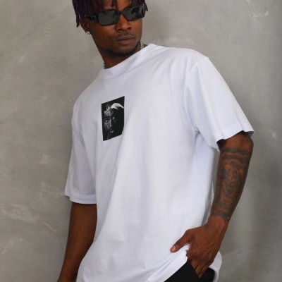 Erkek Kısa Kol Yazlık Tişört Bisiklet Yaka Baskılı Oversize T-Shirt - Beyaz