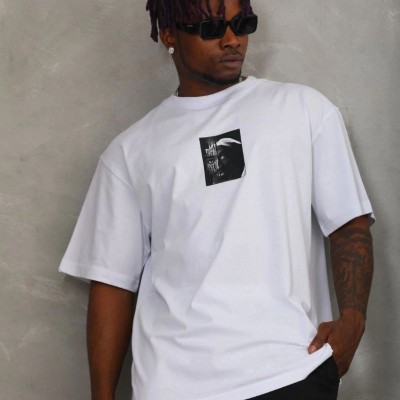 Erkek Kısa Kol Yazlık Tişört Bisiklet Yaka Baskılı Oversize T-Shirt - Beyaz