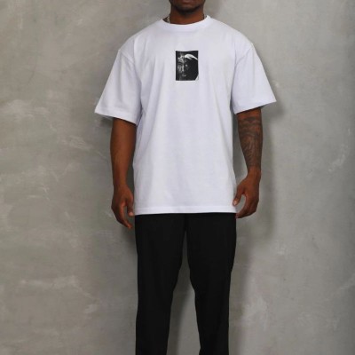 Erkek Kısa Kol Yazlık Tişört Bisiklet Yaka Baskılı Oversize T-Shirt - Beyaz