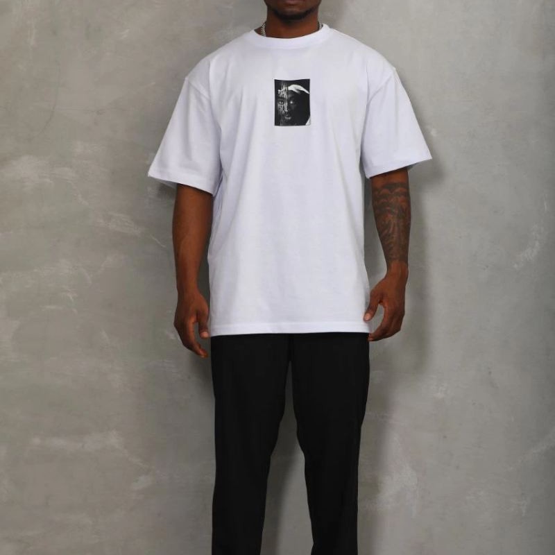 Erkek Kısa Kol Yazlık Tişört Bisiklet Yaka Baskılı Oversize T-Shirt - Beyaz