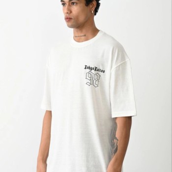 Erkek Kısa Kol Yazlık Tişört Bisiklet Yaka Baskılı Oversize T-Shirt - Beyaz