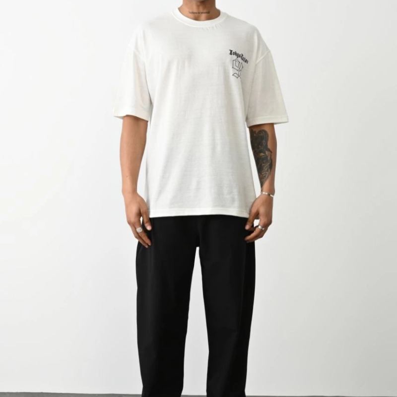 Erkek Kısa Kol Yazlık Tişört Bisiklet Yaka Baskılı Oversize T-Shirt - Beyaz