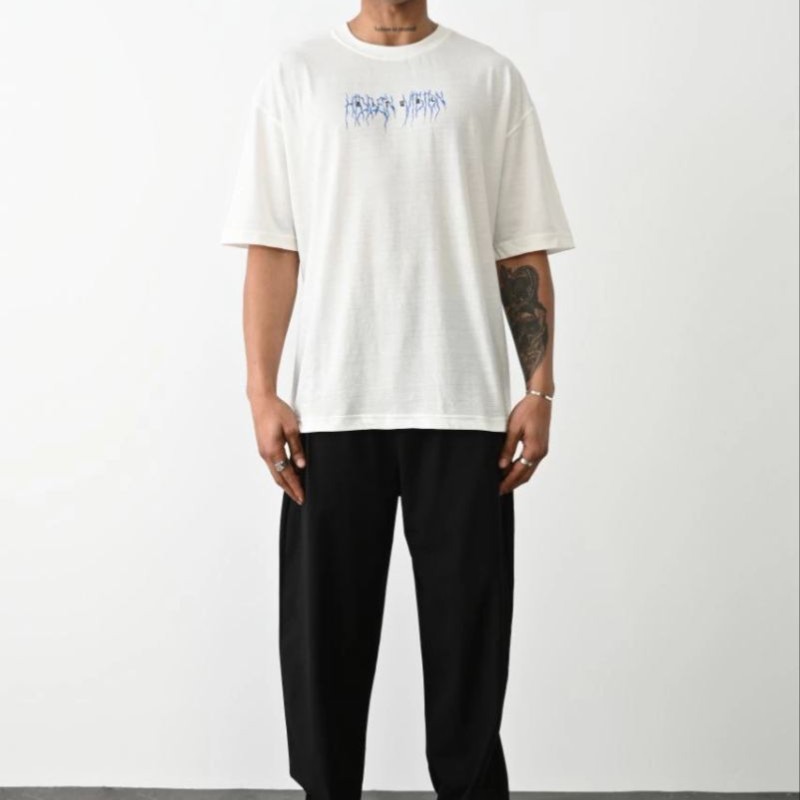 Erkek Kısa Kol Yazlık Tişört Bisiklet Yaka Baskılı Oversize T-Shirt -  Beyaz