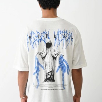 Erkek Kısa Kol Yazlık Tişört Bisiklet Yaka Baskılı Oversize T-Shirt -  Beyaz