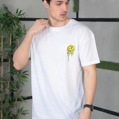Erkek Kısa Kol Yazlık Tişört Bisiklet Yaka Baskılı Oversize T-Shirt - Beyaz