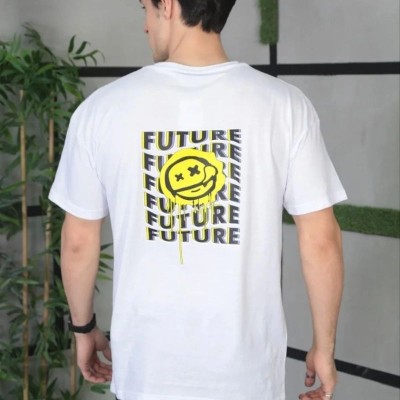Erkek Kısa Kol Yazlık Tişört Bisiklet Yaka Baskılı Oversize T-Shirt - Beyaz