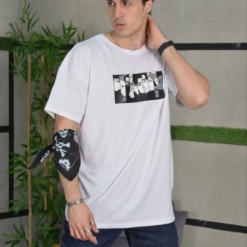 Erkek Kısa Kol Yazlık Tişört Bisiklet Yaka Baskılı Oversize T-Shirt - Beyaz