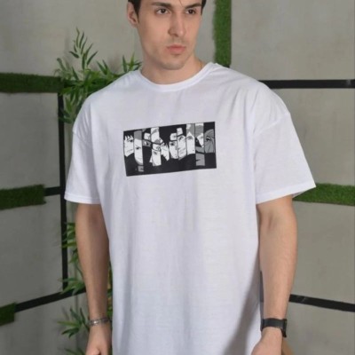 Erkek Kısa Kol Yazlık Tişört Bisiklet Yaka Baskılı Oversize T-Shirt - Beyaz