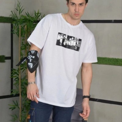 Erkek Kısa Kol Yazlık Tişört Bisiklet Yaka Baskılı Oversize T-Shirt - Beyaz