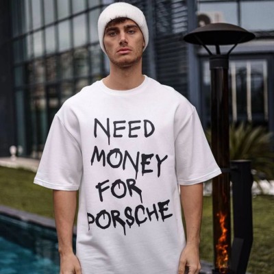 Erkek Kısa Kol Yazlık Tişört Bisiklet Yaka Baskılı Oversize T-Shirt - Beyaz