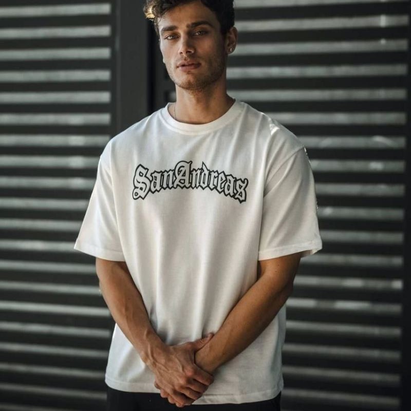 Erkek Kısa Kol Yazlık Tişört Bisiklet Yaka Baskılı Oversize T-Shirt - Beyaz