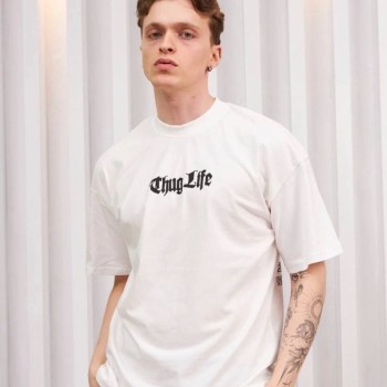 Erkek Kısa Kol Yazlık Tişört Bisiklet Yaka Baskılı Oversize T-Shirt - Beyaz