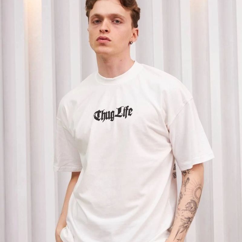 Erkek Kısa Kol Yazlık Tişört Bisiklet Yaka Baskılı Oversize T-Shirt - Beyaz