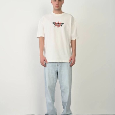 Erkek Kısa Kol Yazlık Tişört Bisiklet Yaka Baskılı Oversize T-Shirt - Beyaz