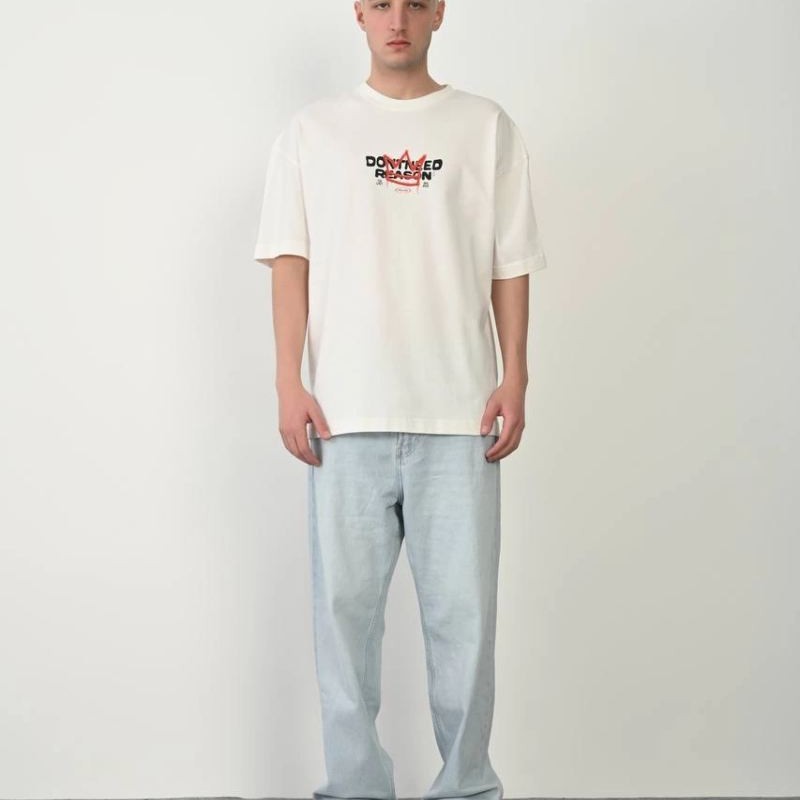 Erkek Kısa Kol Yazlık Tişört Bisiklet Yaka Baskılı Oversize T-Shirt - Beyaz