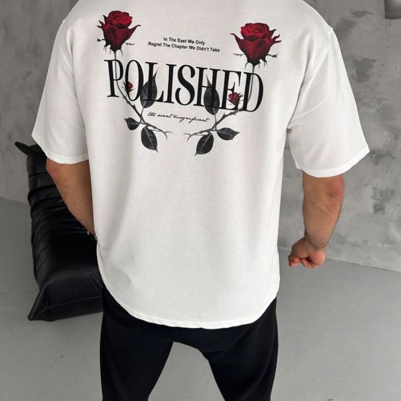 Erkek Kısa Kol Yazlık Tişört Bisiklet Yaka Baskılı Oversize T-Shirt - Beyaz