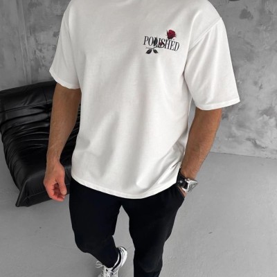Erkek Kısa Kol Yazlık Tişört Bisiklet Yaka Baskılı Oversize T-Shirt - Beyaz
