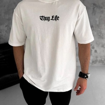 Erkek Kısa Kol Yazlık Tişört Bisiklet Yaka Baskılı Oversize T-Shirt - Beyaz